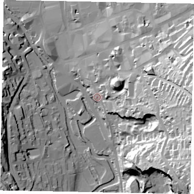 Shaded relief map of the ground around GU13UY, computed from Environment Agency LiDAR. The ground here sits at about 42 m above sea level and falls 73 m across the surrounding 800 m. Surface water reaching this point runs off ground lying to the east-south-east, 41.0 m higher.
