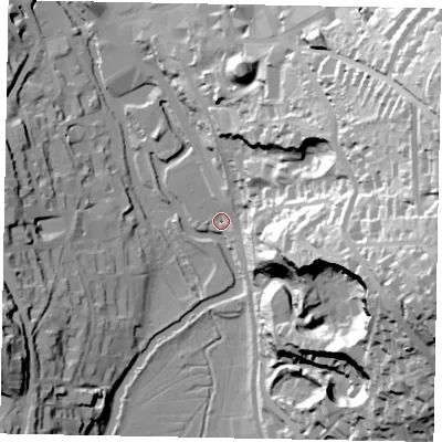 Shaded relief map of the ground around GU13XJ, computed from Environment Agency LiDAR. The ground here sits at about 31 m above sea level and falls 79 m across the surrounding 800 m. Surface water reaching this point runs off ground lying to the east-south-east, 78.7 m higher.
