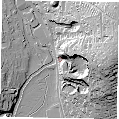 Shaded relief map of the ground around GU13XL, computed from Environment Agency LiDAR. The ground here sits at about 39 m above sea level and falls 84 m across the surrounding 800 m. Surface water reaching this point runs off ground lying to the east-south-east, 59.6 m higher.