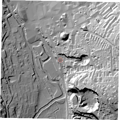 Shaded relief map of the ground around GU13XQ, computed from Environment Agency LiDAR. The ground here sits at about 42 m above sea level and falls 79 m across the surrounding 800 m. Surface water reaching this point runs off ground lying to the east, 38.6 m higher.