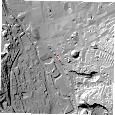 Shaded relief map of the ground around GU13YA, computed from Environment Agency LiDAR. The ground here sits at about 36 m above sea level and falls 67 m across the surrounding 800 m. Surface water reaching this point runs off ground lying to the south-east, 61.9 m higher.