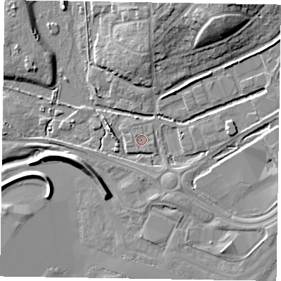 Shaded relief map of the ground around GU140DT, computed from Environment Agency LiDAR. The ground here sits at about 63 m above sea level and falls 10 m across the surrounding 800 m. Surface water reaching this point runs off ground lying to the south, 0.8 m higher.