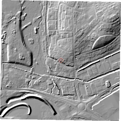 Shaded relief map of the ground around GU140DW, computed from Environment Agency LiDAR. The ground here sits at about 65 m above sea level and falls 11 m across the surrounding 800 m. Surface water reaching this point runs off ground lying to the north-east, 3.8 m higher.