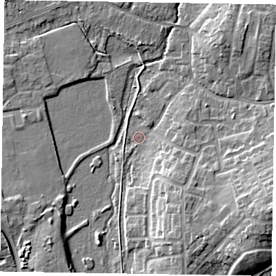 Shaded relief map of the ground around GU140HB, computed from Environment Agency LiDAR. The ground here sits at about 62 m above sea level and falls 12 m across the surrounding 800 m. Surface water reaching this point runs off ground lying to the south-south-east, 7.8 m higher.
