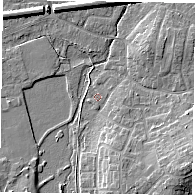 Shaded relief map of the ground around GU140HD, computed from Environment Agency LiDAR. The ground here sits at about 62 m above sea level and falls 12 m across the surrounding 800 m. Surface water reaching this point runs off ground lying to the south-south-west, 1.0 m higher.