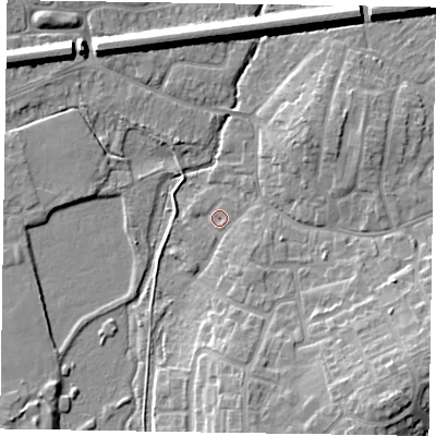 Shaded relief map of the ground around GU140HE, computed from Environment Agency LiDAR. The ground here sits at about 62 m above sea level and falls 13 m across the surrounding 800 m. Surface water reaching this point runs off ground lying to the south-south-east, 1.1 m higher.