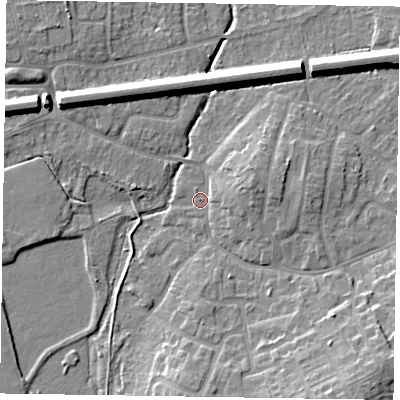 Shaded relief map of the ground around GU140HF, computed from Environment Agency LiDAR. The ground here sits at about 62 m above sea level and falls 11 m across the surrounding 800 m. Surface water reaching this point runs off ground lying to the east, 3.1 m higher.
