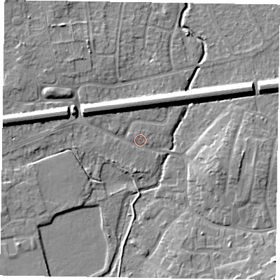 Shaded relief map of the ground around GU140HJ, computed from Environment Agency LiDAR. The ground here sits at about 63 m above sea level and falls 9 m across the surrounding 800 m. Surface water reaching this point runs off ground lying to the west-north-west, 6.6 m higher.
