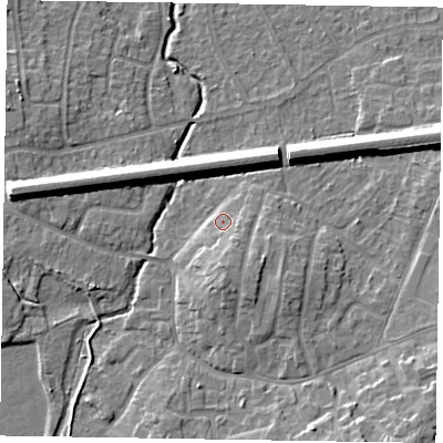 Shaded relief map of the ground around GU140HN, computed from Environment Agency LiDAR. The ground here sits at about 63 m above sea level and falls 9 m across the surrounding 800 m. Surface water reaching this point runs off ground lying to the south-east, 8.8 m higher.