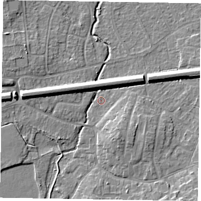 Shaded relief map of the ground around GU140HW, computed from Environment Agency LiDAR. The ground here sits at about 62 m above sea level and falls 9 m across the surrounding 800 m. Surface water reaching this point runs off ground lying to the west-south-west, 2.2 m higher.