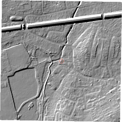 Shaded relief map of the ground around GU140HZ, computed from Environment Agency LiDAR. The ground here sits at about 62 m above sea level and falls 12 m across the surrounding 800 m. Surface water reaching this point runs off ground lying to the south-east, 10.9 m higher.
