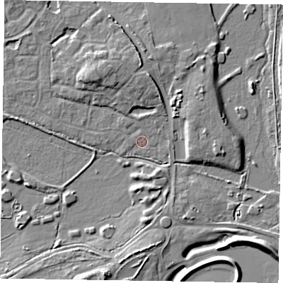 Shaded relief map of the ground around GU140RP, computed from Environment Agency LiDAR. The ground here sits at about 63 m above sea level and falls 7 m across the surrounding 800 m. Surface water reaching this point runs off ground lying to the south-south-west, 6.5 m higher.