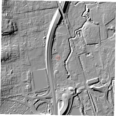 Shaded relief map of the ground around GU146JB, computed from Environment Agency LiDAR. The ground here sits at about 67 m above sea level and falls 10 m across the surrounding 800 m. Surface water reaching this point runs off ground lying to the south, 2.6 m higher.
