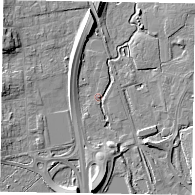 Shaded relief map of the ground around GU146JD, computed from Environment Agency LiDAR. The ground here sits at about 67 m above sea level and falls 11 m across the surrounding 800 m. Surface water reaching this point runs off ground lying to the south, 2.6 m higher.