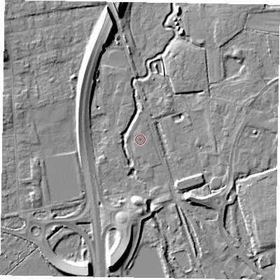 Shaded relief map of the ground around GU146JF, computed from Environment Agency LiDAR. The ground here sits at about 67 m above sea level and falls 11 m across the surrounding 800 m. The ground contributing surface water to this point lies to the south.