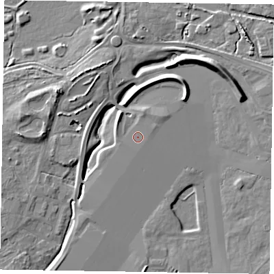 Shaded relief map of the ground around GU146XA, computed from Environment Agency LiDAR. The ground here sits at about 65 m above sea level and falls 7 m across the surrounding 800 m. The ground contributing surface water to this point lies to the east.
