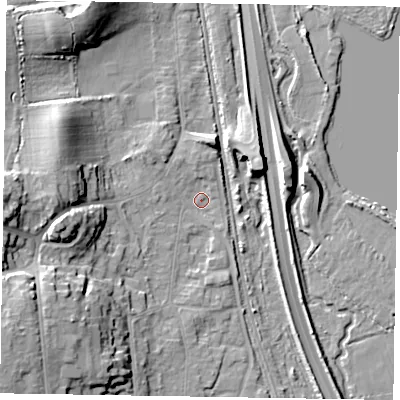 Shaded relief map of the ground around GU147HE, computed from Environment Agency LiDAR. The ground here sits at about 64 m above sea level and falls 17 m across the surrounding 800 m. Surface water reaching this point runs off ground lying to the south-west, 16.0 m higher.