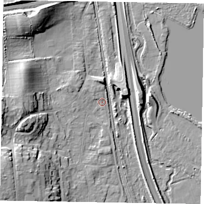 Shaded relief map of the ground around GU147HF, computed from Environment Agency LiDAR. The ground here sits at about 65 m above sea level and falls 18 m across the surrounding 800 m. Surface water reaching this point runs off ground lying to the south-west, 15.9 m higher.