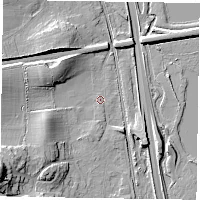 Shaded relief map of the ground around GU147HS, computed from Environment Agency LiDAR. The ground here sits at about 65 m above sea level and falls 29 m across the surrounding 800 m. Surface water reaching this point runs off ground lying to the south, 1.1 m higher.