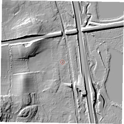 Shaded relief map of the ground around GU147HT, computed from Environment Agency LiDAR. The ground here sits at about 64 m above sea level and falls 22 m across the surrounding 800 m. Surface water reaching this point runs off ground lying to the south-west, 17.9 m higher.
