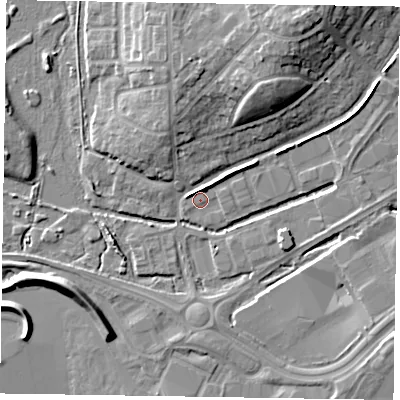 Shaded relief map of the ground around GU147QH, computed from Environment Agency LiDAR. The ground here sits at about 63 m above sea level and falls 11 m across the surrounding 800 m. Surface water reaching this point runs off ground lying to the north-north-east, 9.0 m higher.