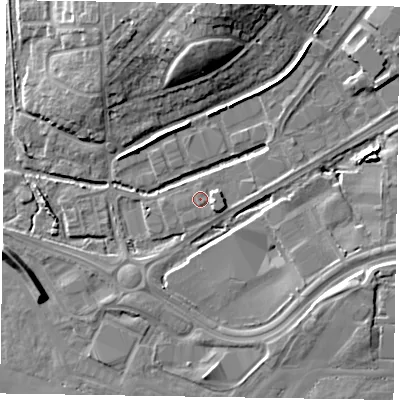 Shaded relief map of the ground around GU147QN, computed from Environment Agency LiDAR. The ground here sits at about 64 m above sea level and falls 10 m across the surrounding 800 m. Surface water reaching this point runs off ground lying to the east, 2.1 m higher.