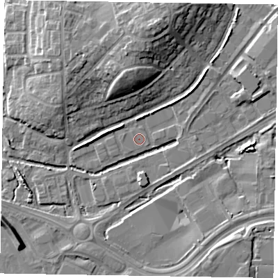 Shaded relief map of the ground around GU147UE, computed from Environment Agency LiDAR. The ground here sits at about 63 m above sea level and falls 11 m across the surrounding 800 m. The ground contributing surface water to this point lies to the west.