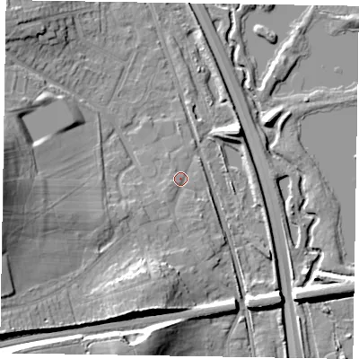 Shaded relief map of the ground around GU148AG, computed from Environment Agency LiDAR. The ground here sits at about 65 m above sea level and falls 21 m across the surrounding 800 m. Surface water reaching this point runs off ground lying to the west, 16.4 m higher.