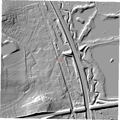 Shaded relief map of the ground around GU148AQ, computed from Environment Agency LiDAR. The ground here sits at about 63 m above sea level and falls 14 m across the surrounding 800 m. Surface water reaching this point runs off ground lying to the west-south-west, 13.0 m higher.