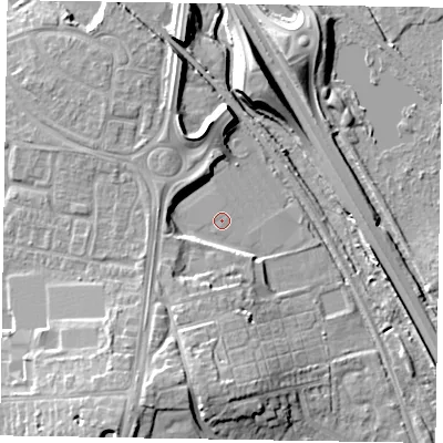 Shaded relief map of the ground around GU148BL, computed from Environment Agency LiDAR. The ground here sits at about 63 m above sea level and falls 15 m across the surrounding 800 m. The ground contributing surface water to this point lies to the south-south-west.