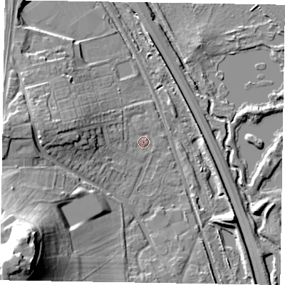 Shaded relief map of the ground around GU148BN, computed from Environment Agency LiDAR. The ground here sits at about 64 m above sea level and falls 33 m across the surrounding 800 m. Surface water reaching this point runs off ground lying to the west, 2.2 m higher.