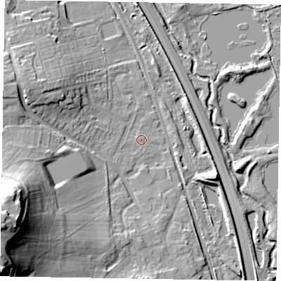 Shaded relief map of the ground around GU148BT, computed from Environment Agency LiDAR. The ground here sits at about 64 m above sea level and falls 33 m across the surrounding 800 m. Surface water reaching this point runs off ground lying to the south-west, 1.1 m higher.