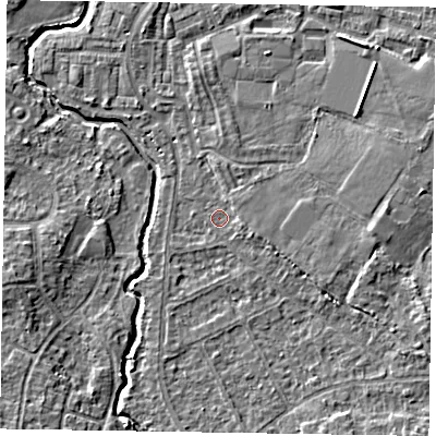 Shaded relief map of the ground around GU148PH, computed from Environment Agency LiDAR. The ground here sits at about 61 m above sea level and falls 4 m across the surrounding 800 m. Surface water reaching this point runs off ground lying to the east-south-east, 1.4 m higher.