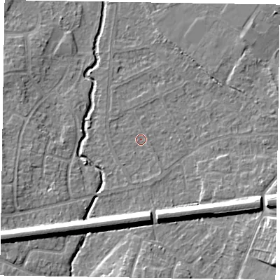 Shaded relief map of the ground around GU148PP, computed from Environment Agency LiDAR. The ground here sits at about 61 m above sea level and falls 9 m across the surrounding 800 m. Surface water reaching this point runs off ground lying to the south-south-east, 1.1 m higher.