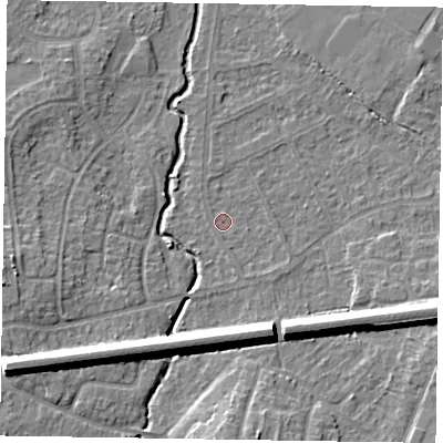 Shaded relief map of the ground around GU148PU, computed from Environment Agency LiDAR. The ground here sits at about 61 m above sea level and falls 9 m across the surrounding 800 m. Surface water reaching this point runs off ground lying to the south-east, 1.1 m higher.