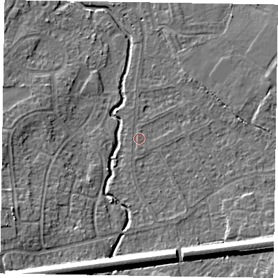 Shaded relief map of the ground around GU148PX, computed from Environment Agency LiDAR. The ground here sits at about 61 m above sea level and falls 9 m across the surrounding 800 m. Surface water reaching this point runs off ground lying to the south-east, 8.0 m higher.
