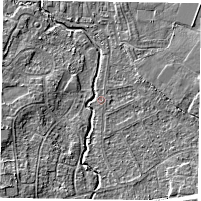 Shaded relief map of the ground around GU148PZ, computed from Environment Agency LiDAR. The ground here sits at about 61 m above sea level and falls 9 m across the surrounding 800 m. The ground contributing surface water to this point lies to the east.