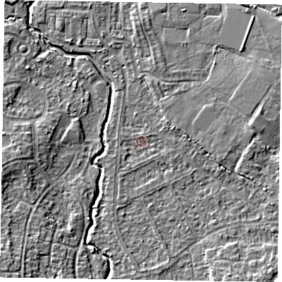 Shaded relief map of the ground around GU148QA, computed from Environment Agency LiDAR. The ground here sits at about 61 m above sea level and falls 5 m across the surrounding 800 m. Surface water reaching this point runs off ground lying to the south-east, 3.2 m higher.