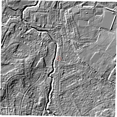 Shaded relief map of the ground around GU148QB, computed from Environment Agency LiDAR. The ground here sits at about 61 m above sea level and falls 6 m across the surrounding 800 m. Surface water reaching this point runs off ground lying to the east-south-east, 2.6 m higher.