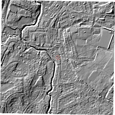 Shaded relief map of the ground around GU148QD, computed from Environment Agency LiDAR. The ground here sits at about 61 m above sea level and falls 5 m across the surrounding 800 m. Surface water reaching this point runs off ground lying to the south-east, 2.5 m higher.
