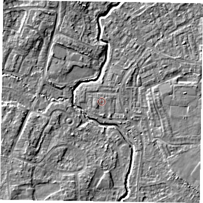 Shaded relief map of the ground around GU148QF, computed from Environment Agency LiDAR. The ground here sits at about 61 m above sea level and falls 6 m across the surrounding 800 m. Surface water reaching this point runs off ground lying to the west-south-west, 0.6 m higher.