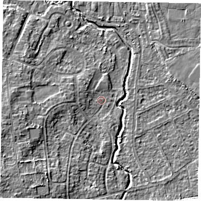 Shaded relief map of the ground around GU148QP, computed from Environment Agency LiDAR. The ground here sits at about 61 m above sea level and falls 9 m across the surrounding 800 m. Surface water reaching this point runs off ground lying to the south-west, 5.3 m higher.