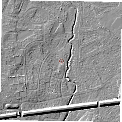 Shaded relief map of the ground around GU148QU, computed from Environment Agency LiDAR. The ground here sits at about 61 m above sea level and falls 9 m across the surrounding 800 m. Surface water reaching this point runs off ground lying to the north-east, 0.8 m higher.
