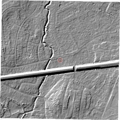 Shaded relief map of the ground around GU148QX, computed from Environment Agency LiDAR. The ground here sits at about 62 m above sea level and falls 9 m across the surrounding 800 m. Surface water reaching this point runs off ground lying to the west-south-west, 8.8 m higher.