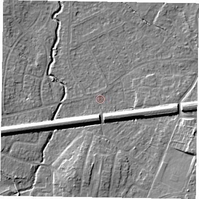 Shaded relief map of the ground around GU148QY, computed from Environment Agency LiDAR. The ground here sits at about 62 m above sea level and falls 10 m across the surrounding 800 m. Surface water reaching this point runs off ground lying to the south-south-east, 7.1 m higher.