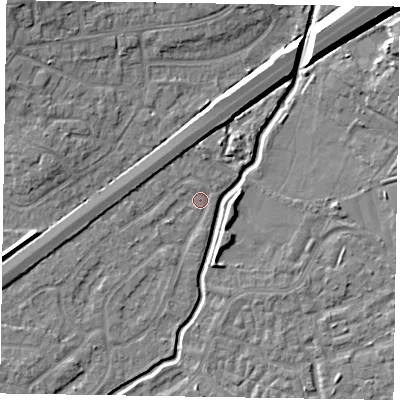 Shaded relief map of the ground around GU148SA, computed from Environment Agency LiDAR. The ground here sits at about 61 m above sea level and falls 9 m across the surrounding 800 m. Surface water reaching this point runs off ground lying to the west-south-west, 2.5 m higher.