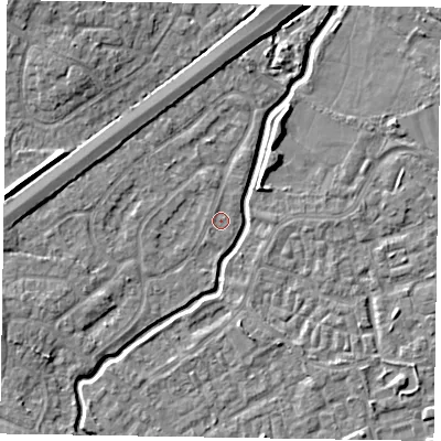 Shaded relief map of the ground around GU148SD, computed from Environment Agency LiDAR. The ground here sits at about 60 m above sea level and falls 7 m across the surrounding 800 m. Surface water reaching this point runs off ground lying to the west-north-west, 2.5 m higher.