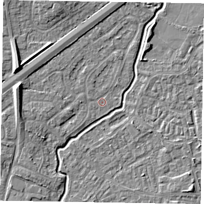 Shaded relief map of the ground around GU148SE, computed from Environment Agency LiDAR. The ground here sits at about 60 m above sea level and falls 10 m across the surrounding 800 m. Surface water reaching this point runs off ground lying to the west, 9.0 m higher.