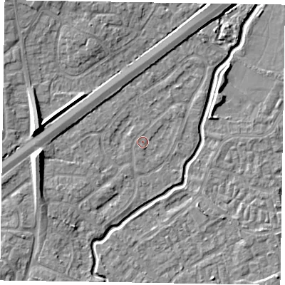 Shaded relief map of the ground around GU148SF, computed from Environment Agency LiDAR. The ground here sits at about 61 m above sea level and falls 11 m across the surrounding 800 m. Surface water reaching this point runs off ground lying to the west-north-west, 0.8 m higher.