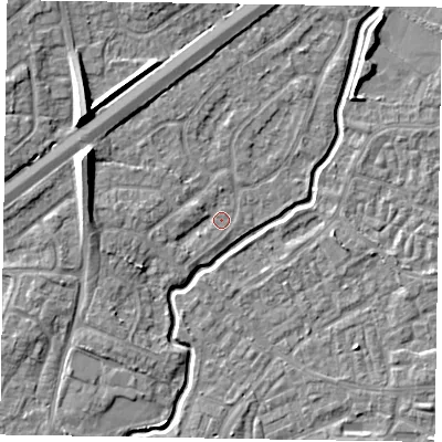 Shaded relief map of the ground around GU148SH, computed from Environment Agency LiDAR. The ground here sits at about 61 m above sea level and falls 10 m across the surrounding 800 m. Surface water reaching this point runs off ground lying to the west-south-west, 1.7 m higher.
